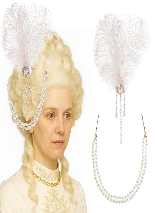 Suncalla 2 Pcs Women Victorian Hair Accessories Includes Ostrich Feather and Pearl Tassel Barrette Clip for 18th Century Renaissance Queen Blonde Beehive Cosplay Decor(White) - Image 1